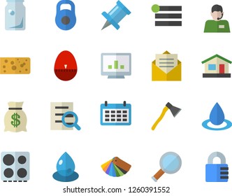 Color Flat Icon Set Color Scheme Flat Vector, Ax, Kitchen Egg Timer, Electric Stove, Cheese, House, Drop, Glass Bottles, Telephone Operator, Wealth, Calendar, Computer Chart, Magnifier, Weight, Menu