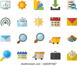 Color flat icon set color scheme flat vector, sun, case, magnifier, express delivery, computer chart, mail, broadcast, download, calendar, message