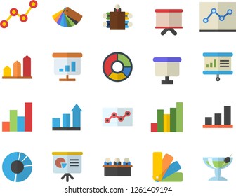 Color flat icon set color scheme flat vector, chart, scatter, flipchart, clircle diagram, point, meeting, presentaition board, achievement, cocktail fector