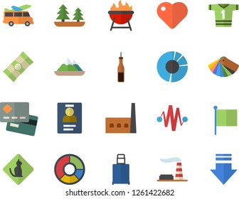 Color flat icon set color scheme flat vector, barbecue, spaghetti, sauce, factory, forest, manufactory, credit card, flag, heart, clircle diagram, badge, electric discharge fector, sport T shirt