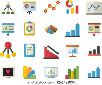 Color flat icon set color scheme flat vector, hierarchy, graphic report, crisis, chart, statistics, scatter, computer diagnostics of health, point diagram, presentaition board, achievement