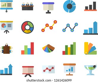 Color flat icon set color scheme flat vector, chart, scatter, flipchart, clircle diagram, point, meeting, presentaition board, achievement, cocktail fector