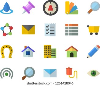 Color flat icon set color scheme flat vector, skyscraper, horseshoe, house, drop, grocery trolley, target audience, medical warmer, molecules, drawing pin, to do list, pencil, mail, magnifier, menu