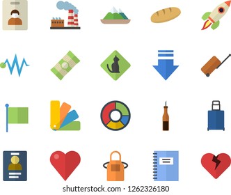 Color flat icon set color scheme flat vector, apron, spaghetti, sauce, bread, factory, flag, heart, clircle diagram, badge, rocket, notebook, electric discharge fector, indentity card, luggage