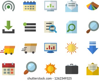 Color flat icon set color scheme flat vector, sun, case, magnifier, express delivery, computer chart, menu, broadcast, download, calendar, message