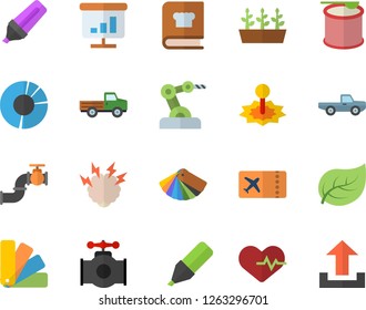 Color flat icon set color scheme flat vector, cookbook, pickup truck, seedlings, main pipeline, tree leaf, laser, marker, chart, clircle diagram, brainstorm, industrial robot, heartbeat, steroids