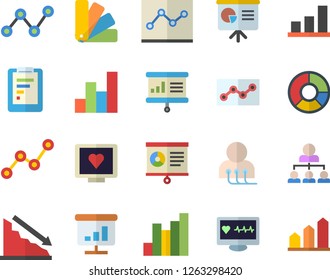 Color flat icon set color scheme flat vector, graphic report, crisis, chart, scatter, computer diagnostics of health, clircle diagram, point, hierarchy, presentaition board, achievement
