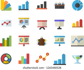 Color flat icon set color scheme flat vector, chart, scatter, flipchart, clircle diagram, point, meeting, presentaition board, achievement, cocktail fector