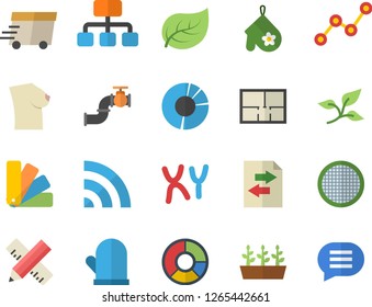 Color flat icon set color scheme flat vector, house layout, measure, potholder, sieve, seedlings, main pipeline, tree leaf, hierarchy, scatter chart, express delivery, breast, chromosomes, broadcast