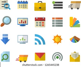 Color flat icon set color scheme flat vector, sun, case, magnifier, express delivery, computer chart, mail, menu, broadcast, download, calendar, message