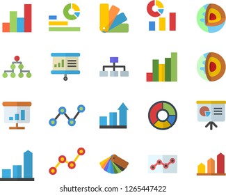 Color flat icon set color scheme flat vector, chart, statistics, scatter, clircle diagram, point, presentaition board, classification, core of the earth fector, achievement