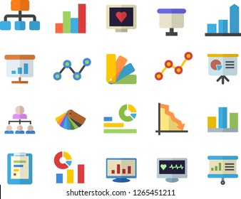 Color flat icon set color scheme flat vector, hierarchy, graphic report, crisis, chart, statistics, scatter, flipchart, computer diagnostics of health, statistic, presentaition board