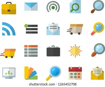 Color flat icon set color scheme flat vector, sun, case, magnifier, express delivery, computer chart, mail, menu, broadcast, calendar, message