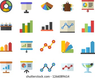 Color flat icon set color scheme flat vector, chart, scatter, flipchart, clircle diagram, point, meeting, presentaition board, achievement, cocktail fector