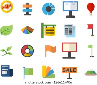 Color flat icon set color scheme flat vector, tree leaf, signboard, billboard, flag, news, sell out, clircle diagram, sports, balloon fector, pointer, mountains