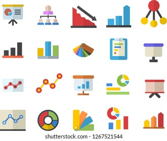 Color flat icon set color scheme flat vector, hierarchy, graphic report, crisis, chart, statistics, scatter, flipchart, statistic, clircle diagram, point, presentaition board, achievement