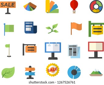 Color flat icon set color scheme flat vector, tree leaf, signboard, billboard, flag, news, sell out, clircle diagram, sports, balloon fector, pointer, mountains
