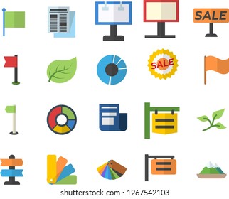 Color flat icon set color scheme flat vector, tree leaf, signboard, billboard, flag, news, sell out, clircle diagram, sports, pointer fector, mountains