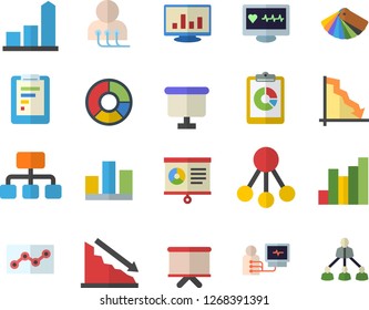 Color flat icon set color scheme flat vector, hierarchy, graphic report, crisis, chart, flipchart, computer diagnostics of health, statistic, clircle diagram, point