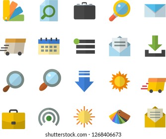 Color flat icon set color scheme flat vector, sun, case, magnifier, express delivery, mail, menu, broadcast, download, calendar, message