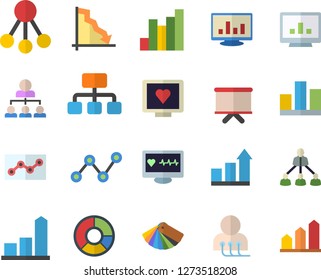 Color flat icon set color scheme flat vector, hierarchy, crisis, chart, scatter, flipchart, computer diagnostics of health, statistic, clircle diagram, point, achievement