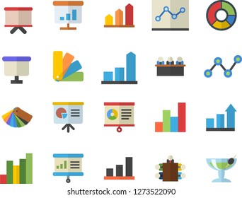 Color flat icon set color scheme flat vector, chart, scatter, flipchart, clircle diagram, point, meeting, presentaition board, achievement, cocktail fector