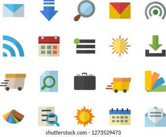 Color flat icon set color scheme flat vector, sun, case, express delivery, magnifier, mail, menu, broadcast, download, calendar, message