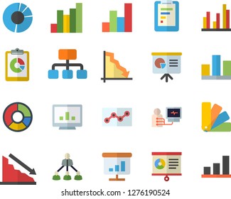 Color flat icon set color scheme flat vector, hierarchy, graphic report, crisis, chart, diagnostics, computer, statistic, clircle diagram, point, presentaition board