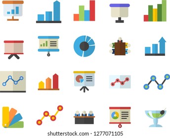 Color flat icon set color scheme flat vector, chart, scatter, flipchart, clircle diagram, point, meeting, presentaition board, achievement, cocktail fector