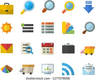 Color flat icon set color scheme flat vector, sun, case, magnifier, express delivery, computer chart, mail, menu, broadcast, download, calendar, message