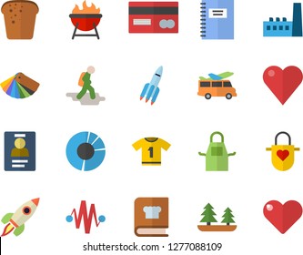 Color flat icon set color scheme flat vector, apron, cookbook, barbecue, bread, forest, manufactory, credit card, heart, clircle diagram, badge, rocket, notebook, electric discharge fector, hike