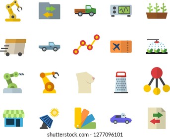 Color flat icon set color scheme flat vector, grater, pickup truck, sprinkling machine, seedlings, solar battery, autopilot, robotics, hierarchy, scatter chart, express delivery, breast, shop