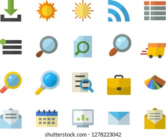 Color flat icon set color scheme flat vector, sun, case, magnifier, express delivery, computer chart, mail, menu, broadcast, download, calendar, message