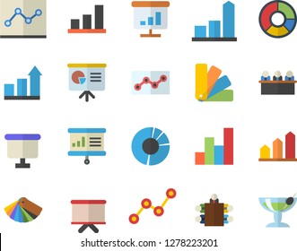 Color flat icon set color scheme flat vector, chart, scatter, flipchart, clircle diagram, point, meeting, presentaition board, achievement, cocktail fector