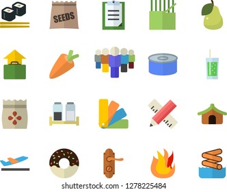Color flat icon set color scheme flat vector, door lock, measure, fire, spice, carrot, canned food, donut, fish rolls, soda, pear, seeds, fabric manufacture, team, clipboard, tent fector, departure