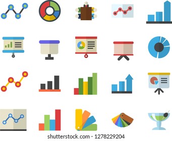 Color flat icon set color scheme flat vector, chart, scatter, flipchart, clircle diagram, point, meeting, presentaition board, achievement, cocktail fector