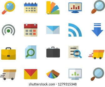 Color flat icon set color scheme flat vector, case, magnifier, express delivery, computer chart, mail, broadcast, download, calendar