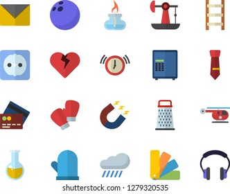 Color flat icon set color scheme flat vector, sockets, potholder, grater, ladder, rain, oil pumping, magnet, medical analysis, helicopter, tie, gas burner, bowling ball, boxing gloves, safe, heart