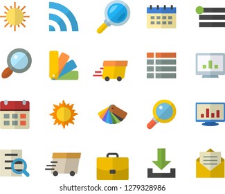 Color flat icon set color scheme flat vector, sun, case, magnifier, express delivery, computer chart, menu, broadcast, download, calendar, message