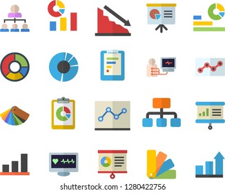 Color flat icon set color scheme flat vector, hierarchy, graphic report, crisis, statistics, computer diagnostics of health, chart, clircle diagram, point, presentaition board, achievement