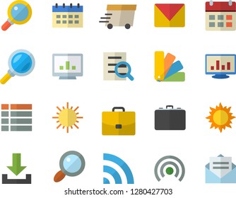 Color flat icon set color scheme flat vector, sun, case, magnifier, express delivery, computer chart, mail, menu, broadcast, download, calendar, message