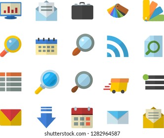 Color flat icon set color scheme flat vector, case, magnifier, express delivery, computer chart, mail, menu, broadcast, download, calendar, message