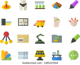 Color flat icon set color scheme flat vector, house layout, heating batteries, sprinkling machine, oil production platform, solar battery, laser, robotics, hierarchy, marker, express delivery, chat