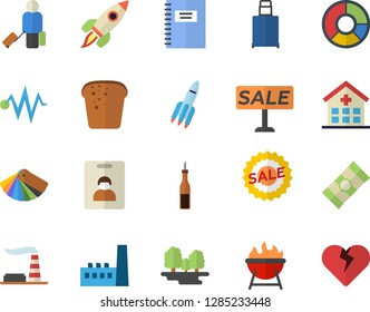 Color flat icon set color scheme flat vector, barbecue, spaghetti, sauce, bread, factory, forest, manufactory, sell out, hospital, clircle diagram, rocket, notebook, electric discharge fector, heart