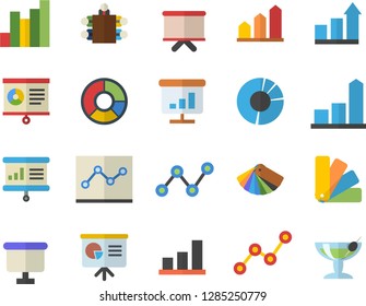Color flat icon set color scheme flat vector, chart, scatter, flipchart, clircle diagram, point, meeting, presentaition board, achievement, cocktail fector
