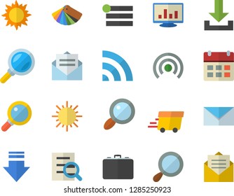 Color flat icon set color scheme flat vector, sun, case, magnifier, express delivery, computer chart, mail, menu, broadcast, download, calendar, message