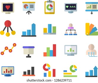 Color flat icon set color scheme flat vector, hierarchy, graphic report, chart, statistics, scatter, flipchart, computer diagnostics of health, statistic, presentaition board, achievement