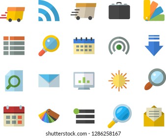 Color flat icon set color scheme flat vector, sun, case, magnifier, express delivery, computer chart, mail, menu, broadcast, download, calendar, message