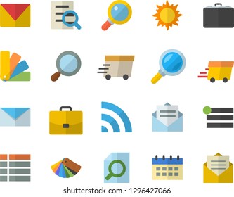 Color flat icon set color scheme flat vector, sun, case, magnifier, express delivery, mail, menu, broadcast, calendar, message