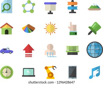 Color flat icon set color scheme flat vector, sun, bench, autopilot, robotics, earth, flipchart, diagnostics, drawing pin, clock, magnifier, laptop, molecule, pointer fector, mountains, house, note